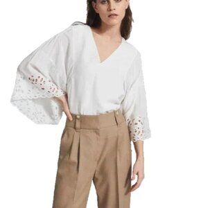 Reiss Cecile Embroidered Top Blouse Shirt Women Size 4 White Flared Sleeve